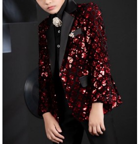 Kids Boys jazz dance dress suit blazers choir host singer red sequin catwalk coats kids host photos shoorting pianist drummer stage shiny show jacket